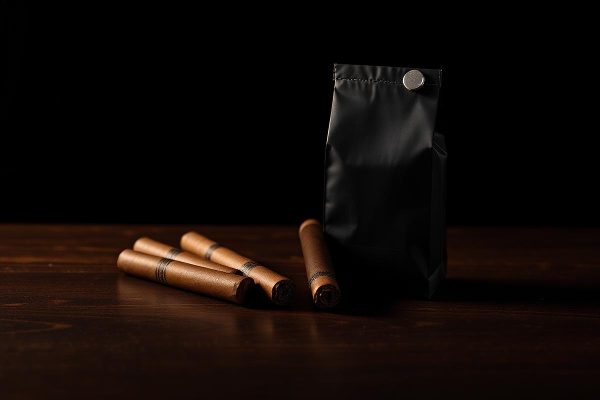 Don V cigars from Norwood Royal Cigars arranged beside a matte black coffee bag on a dark wood surface in warm low light