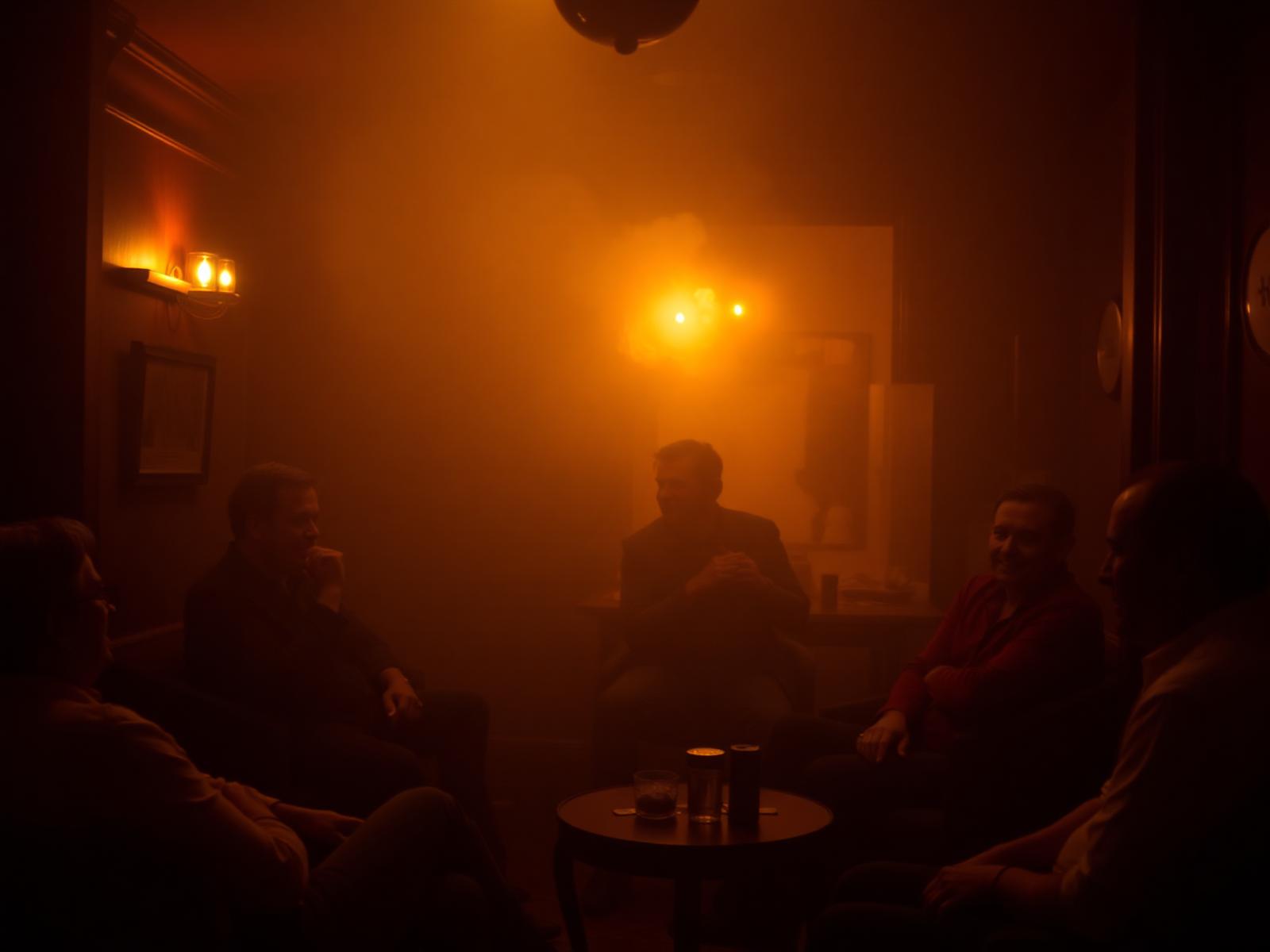 An evening gathering at Norwood Royal Cigars — a small group seated in conversation through a warm haze of cigar smoke