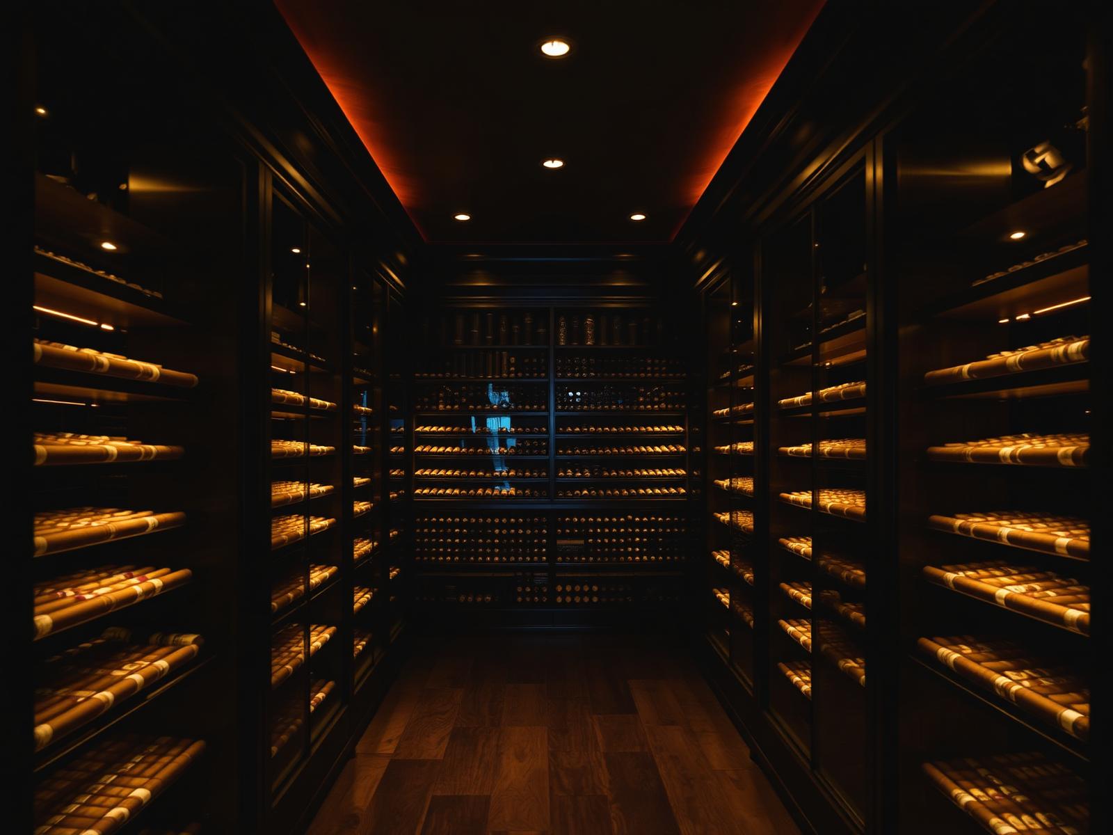 Wide view of the walk-in humidor at Norwood Royal Cigars, lined floor to ceiling with dark wood shelving of premium cigars under warm low light