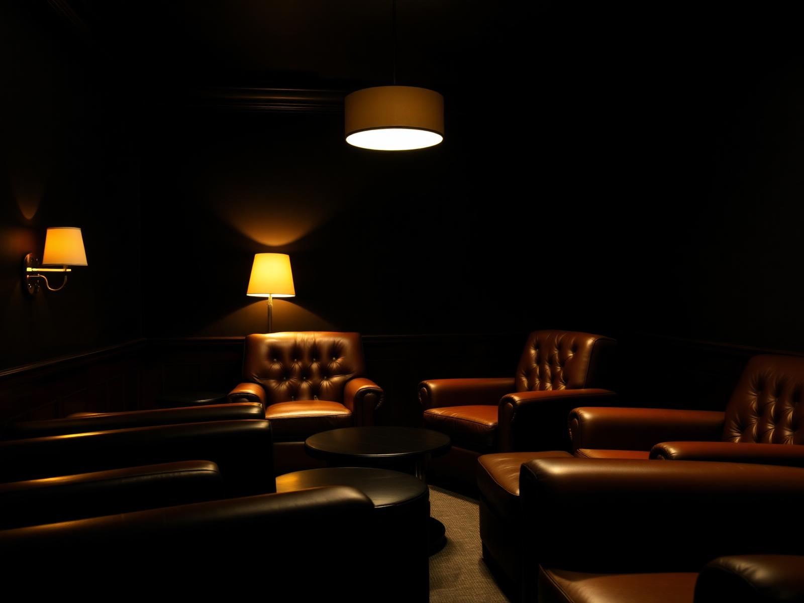Deep leather armchairs grouped around a low table in the dimly lit lounge at Norwood Royal Cigars