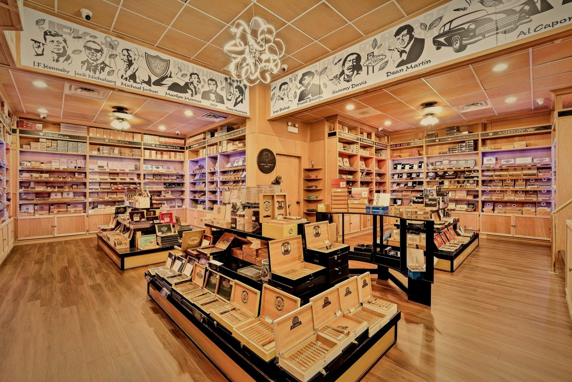 Open cigar display cases at the centre of the Norwood Royal Cigars walk-in humidor