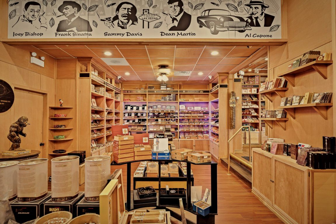 Hand-painted mural above the cigar shelving in the Norwood Royal Cigars humidor